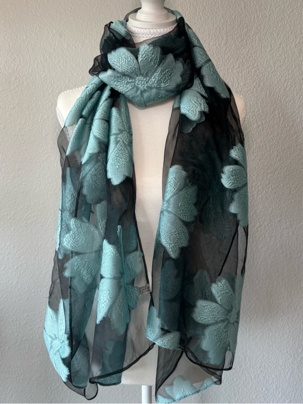 100% Silk Floral Scarf Black & Aqua 26"x77"